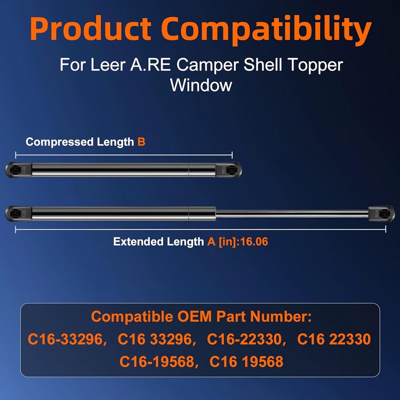 Euplokeer Qty (2) C16-33296 C16-22330 16in Gas Strut Shock Spring Lift Support for Leer A.RE Snugtop Truck Camper Shell Rear Window Topper Door Cap Canopy Replacement Parts Accessories - Image 2